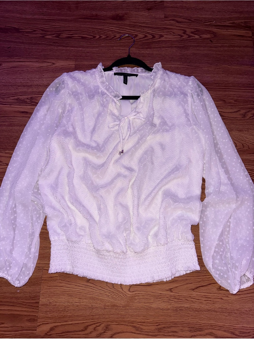 WHBM white sheer blouse , delicate swiss dot texture with a tie-front neckline🤍